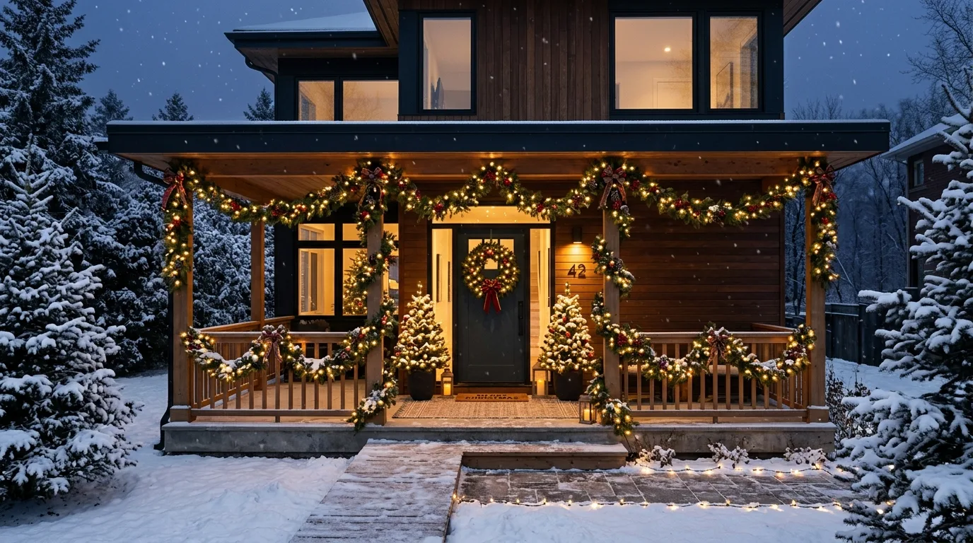 Modern Front Yard With Wreaths and Warm White Lights
